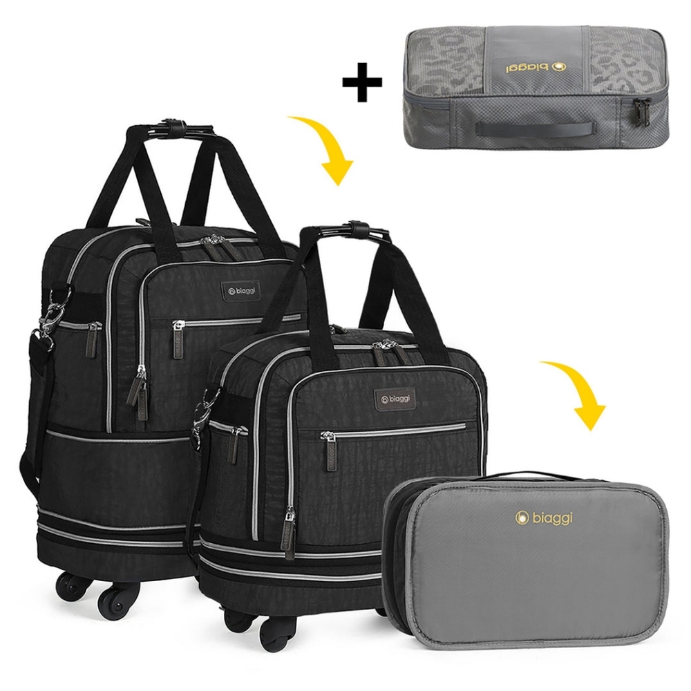 Biaggi Black Rolling carryon size Travel Duffel with Packing Cube Set NWOT